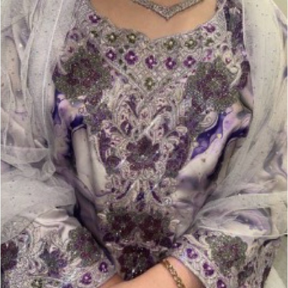 Elegant pure silk Purple and Silver Embellished Dress